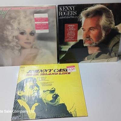 Three record LP'S Dolly- Kenny Rogers and Johnny Cash