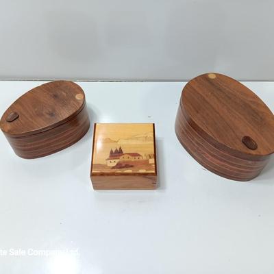 Three wooden jewelry / trinket boxes Inlayed wood