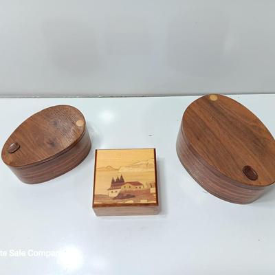 Three wooden jewelry / trinket boxes Inlayed wood