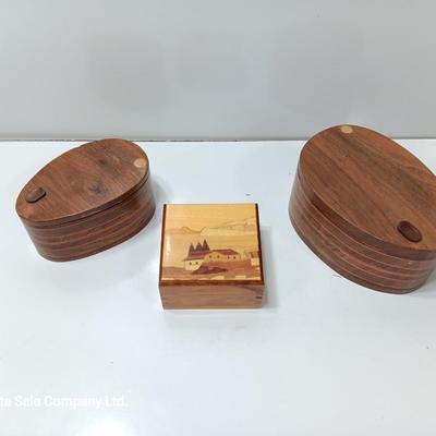 Three wooden jewelry / trinket boxes Inlayed wood