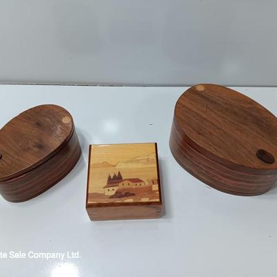 Three wooden jewelry / trinket boxes Inlayed wood