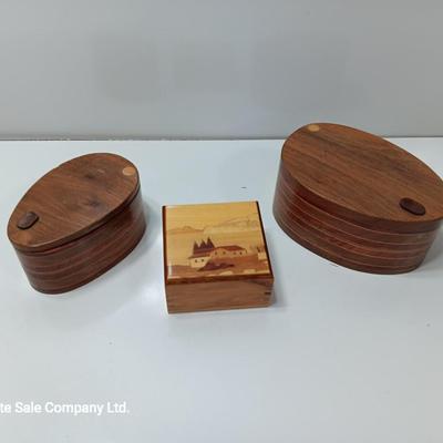 Three wooden jewelry / trinket boxes Inlayed wood