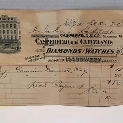 c.1890 Jewelry Store Receipt Casperfield & Cleveland