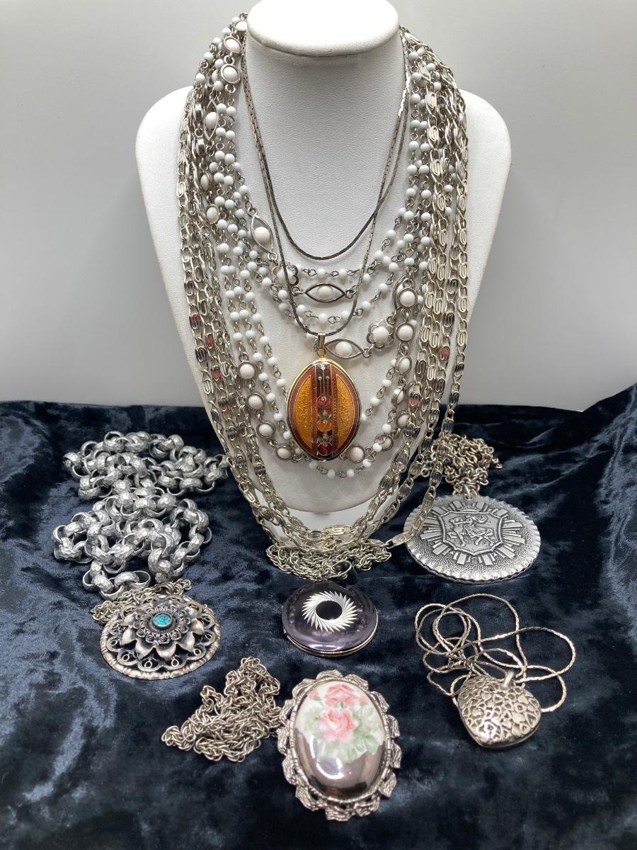 LOT 191J: Large Collection of Silver Tone Necklaces - Lockets and More ...