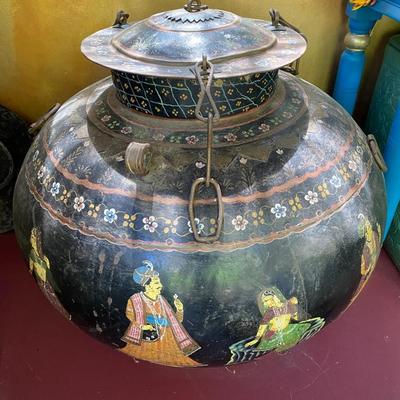 Large Hand Painted Metal Lidded Vessel
