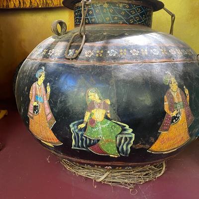 Large Hand Painted Metal Lidded Vessel