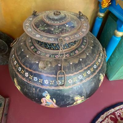 Large Hand Painted Metal Lidded Vessel