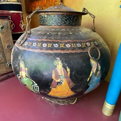 Large Hand Painted Metal Lidded Vessel