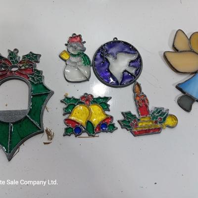 Variety of stained-glass Christmas Ornaments 1982 wreath