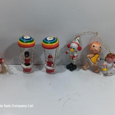 Vintage wooden ornaments - Rainbow hot air balloons Santa Angel and more