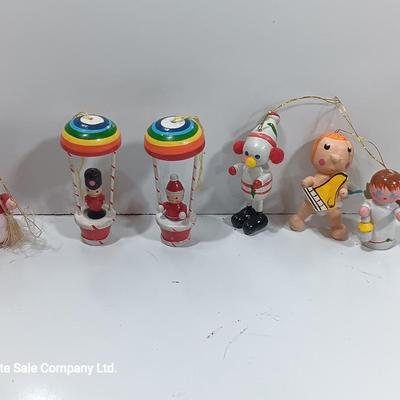 Vintage wooden ornaments - Rainbow hot air balloons Santa Angel and more
