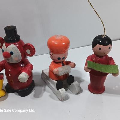 Vintage wooden ornaments - train - wishing well - sledder and more