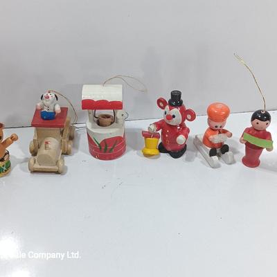 Vintage wooden ornaments - train - wishing well - sledder and more