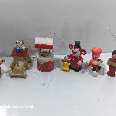 Vintage wooden ornaments - train - wishing well - sledder and more