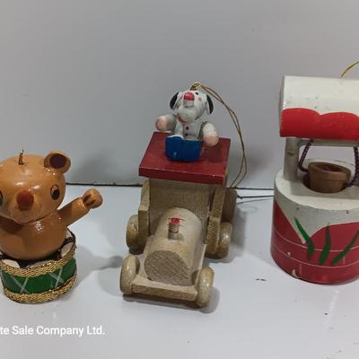 Vintage wooden ornaments - train - wishing well - sledder and more