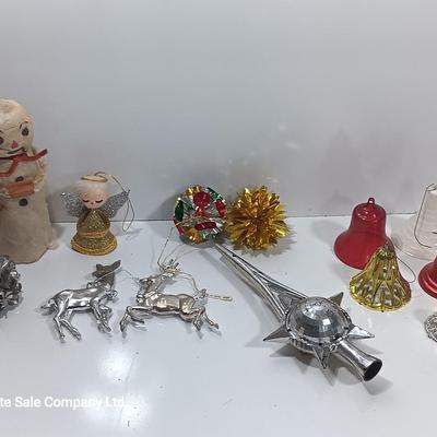 Antique plastic bell ornaments and tree topper with a primitive handmade Snowman