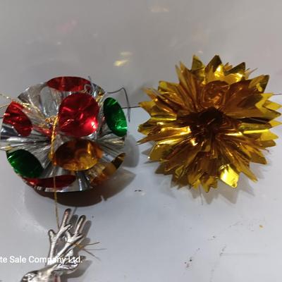Antique plastic bell ornaments and tree topper with a primitive handmade Snowman