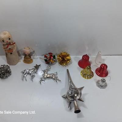 Antique plastic bell ornaments and tree topper with a primitive handmade Snowman