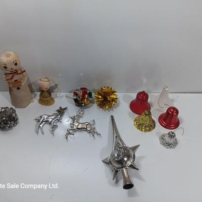 Antique plastic bell ornaments and tree topper with a primitive handmade Snowman