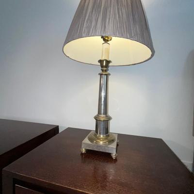 102 Silver and Brass Plated Lamp with Pleated Silk Shade with Pineapple Finial