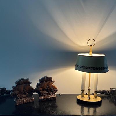 107 Vintage Toile Lamp with Pair of Ship Sirocco Wood Book Ends