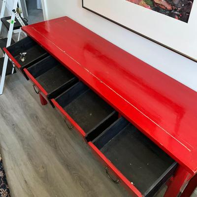 118 Vintage Red Chinese Three Drawer Console Table