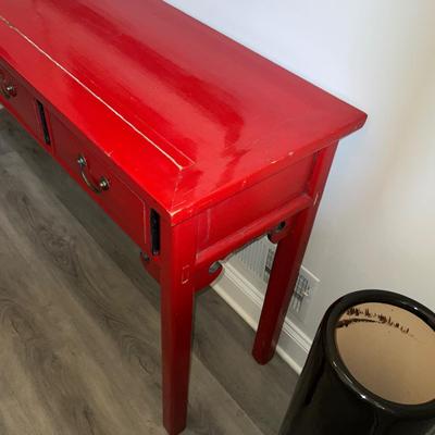 118 Vintage Red Chinese Three Drawer Console Table