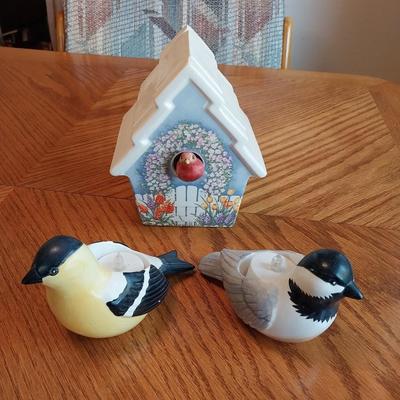 BIRD HOUSE COOKIE JAR AND 2 BIRD CANDLE HOLDERS