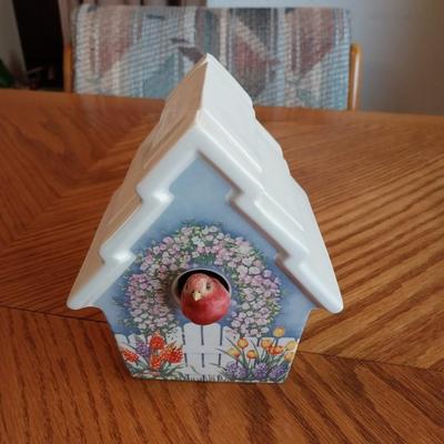 BIRD HOUSE COOKIE JAR AND 2 BIRD CANDLE HOLDERS