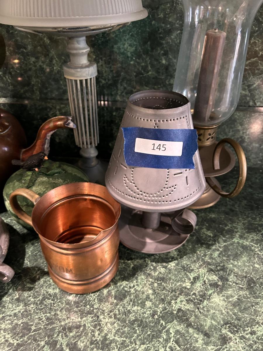 LOT 145K Copper Teapot, Tin Candle Lamp, Watermelon Trinket Box