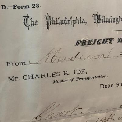 1876 Philadelphia Wilmington & Baltimore Railroad Freight Receipt