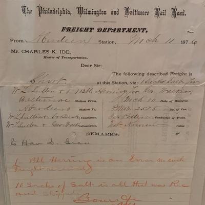 1876 Philadelphia Wilmington & Baltimore Railroad Freight Receipt