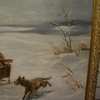 Very Vintage Original  Oil on Canvas Troika Sled Hunt, Signed 42x22