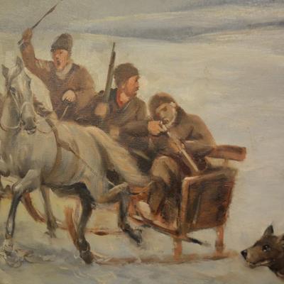 Very Vintage Original  Oil on Canvas Troika Sled Hunt, Signed 42x22