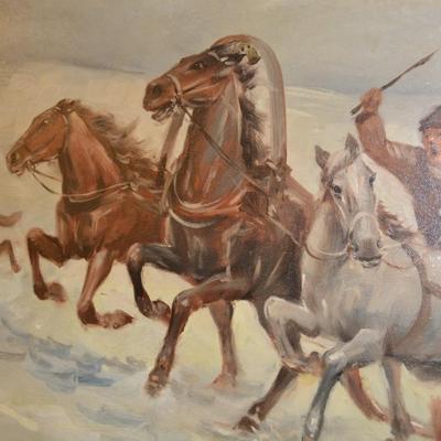 Very Vintage Original  Oil on Canvas Troika Sled Hunt, Signed 42x22