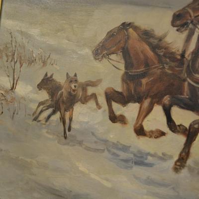 Very Vintage Original  Oil on Canvas Troika Sled Hunt, Signed 42x22