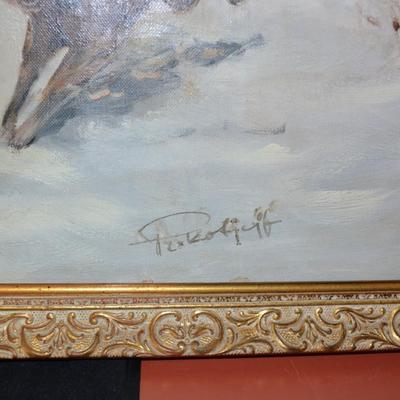 Very Vintage Original  Oil on Canvas Troika Sled Hunt, Signed 42x22