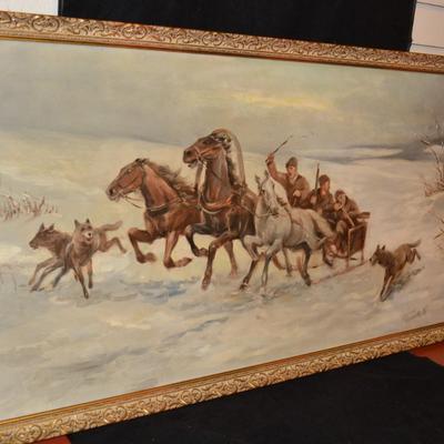Very Vintage Original  Oil on Canvas Troika Sled Hunt, Signed 42x22