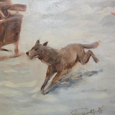 Very Vintage Original  Oil on Canvas Troika Sled Hunt, Signed 42x22