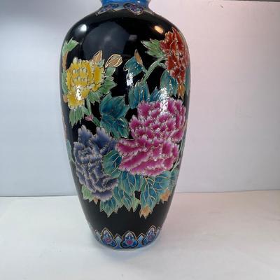 18.5" Black enamel pot/ vase with chrysanthemum flowers