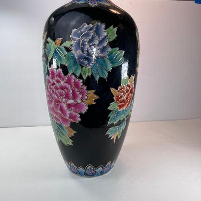 18.5" Black enamel pot/ vase with chrysanthemum flowers
