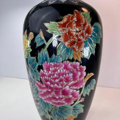 18.5" Black enamel pot/ vase with chrysanthemum flowers