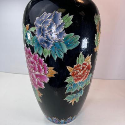 18.5" Black enamel pot/ vase with chrysanthemum flowers