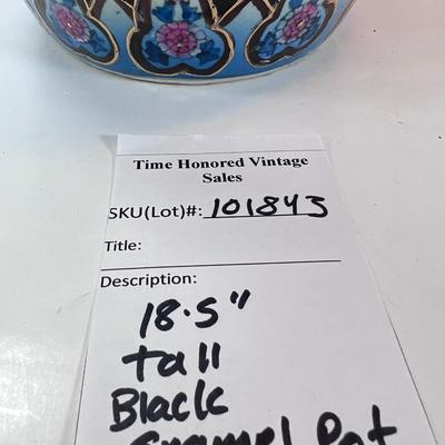 18.5" Black enamel pot/ vase with chrysanthemum flowers