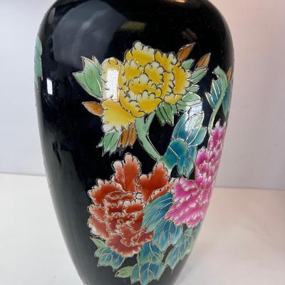 18.5" Black enamel pot/ vase with chrysanthemum flowers