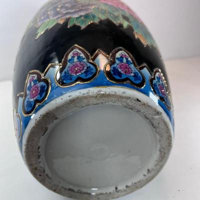 18.5" Black enamel pot/ vase with chrysanthemum flowers