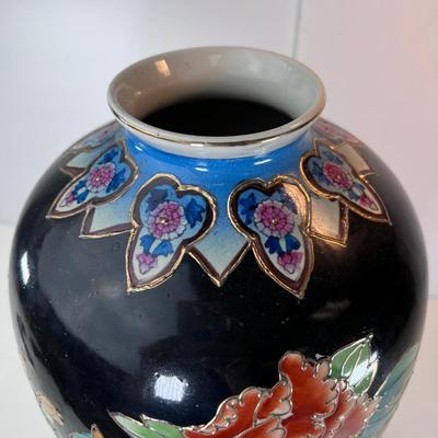 18.5" Black enamel pot/ vase with chrysanthemum flowers