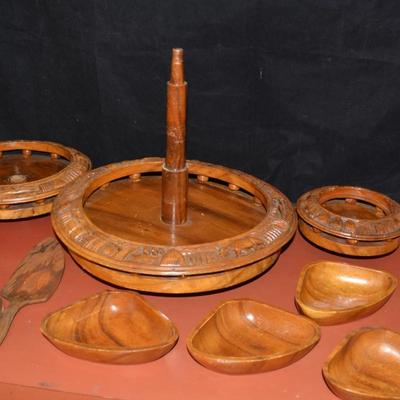 Vintage Monkey Pod 3 Tier Lazy Susan Condiment Stand 17x16