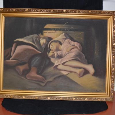 Sleeping Children Original Oil on Canvas, Signed 31.25x23.5