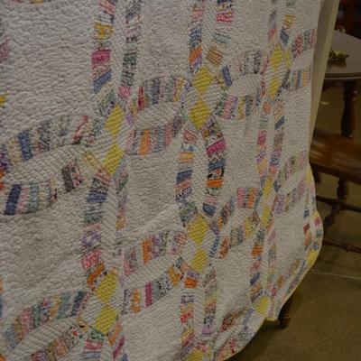Very Vintage Hand Pieced & Stitched Wedding Ring Quilt, Signed 1930 90x78